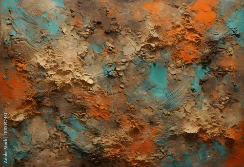 An abstract textured artwork featuring swirling patterns in turquoise, orange tones. The surface appears layered and three-dimensional, resembling natural elements like rocks or coral formations.