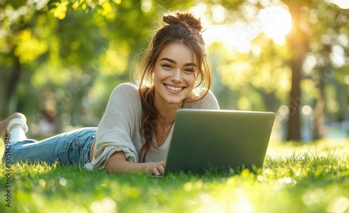 A joyful woman lying on grass with a laptop, enjoying a serene outdoor setting, basking in sunlight