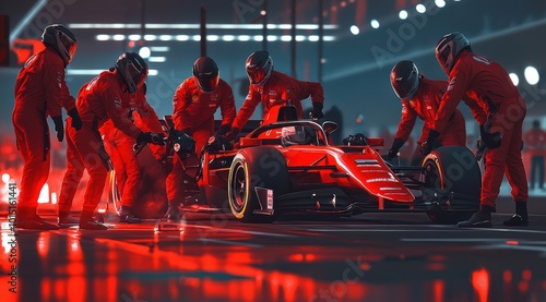 Professional pit crew ready for action as their team's race car arrives in the pit lane during a pitstop of a car race, concept of Professional teamwork.