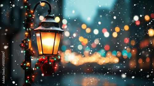 A charming street lamp adorned with festive decorations glows warmly amidst falling snowflakes, creating magical winter atmosphere filled with colorful bokeh lights