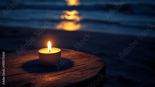 A single candle flame illuminates a wooden table at the edge of a beach, with the ocean waves and a blurred cityscape reflecting the city lights in the distance.