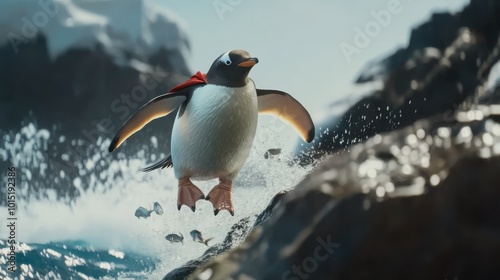 A penguin in a superhero cape, using a slingshot to launch fish into the air like the a blockbuster action movie