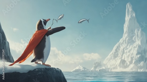 A penguin in a superhero cape, using a slingshot to launch fish into the air like the a blockbuster action movie