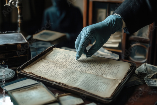  Historian carefully examining an antique manuscript in an archival research setting, AI generated