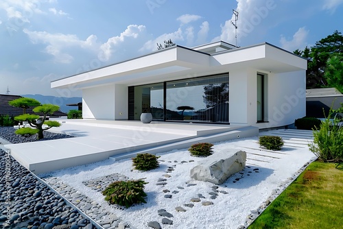 A minimalistic house with a smooth white facade, recessed windows, and a minimalist garden with low-maintenance plants and a water feature