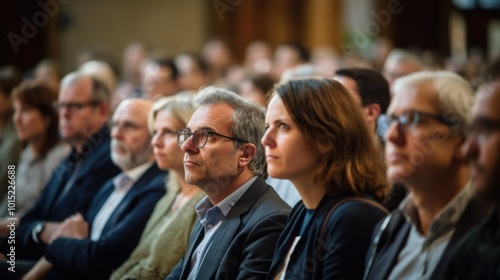 An engaged audience listens attentively at a formal conference, with a focus on knowledge sharing and learning.