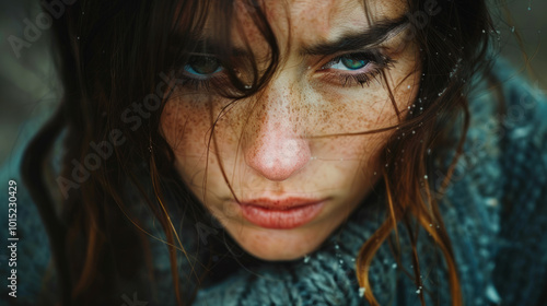 Intense woman with piercing blue eyes 