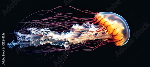 Luminous Jellyfish with Flowing Tentacles on Black Background, Marine Life Photography