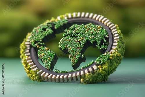 Green world model with lush vegetation on a circular base, symbolizing environmental awareness.