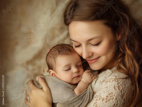 Macierzyństwo - Młoda mama z dzieckiem na ręku.