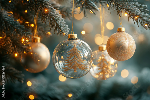 Christmas tree decorations on bokeh background. Christmas and New Year holidays background. 