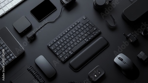 Flat lay of various black electronic devices and accessories on dark background, showcasing modern technology workspace with copy space