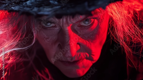 A close-up of an intense old witch with a piercing stare, her tattered hat resting atop her wild hair, with a soft gradient of red and black behind her.