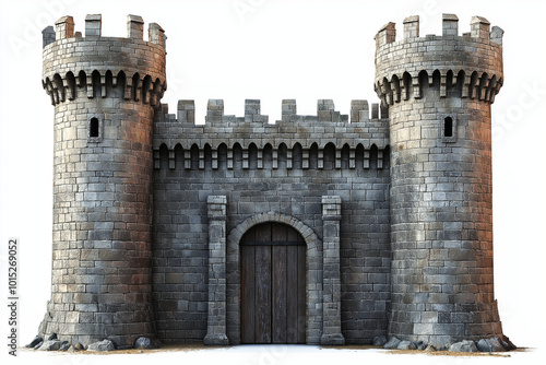 Ancient medieval castle fortress isolated on the white background. Front view.