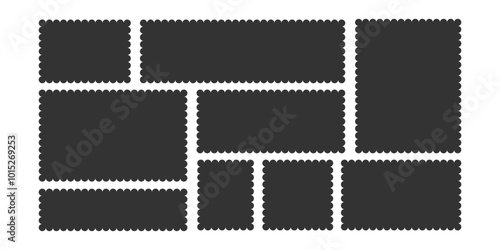 Black Scallop Edge Different Rectangles set. Blank Rectangle Shapes squiggly Stickers Set. Empty Geometric Frame. Text Box, Stamp Label Badge For Design. Vector illustration