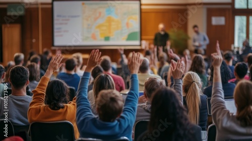 Community members gather in a large hall, raising hands to voice opinions during a town hall meeting about local development plans, with a flipchart map displayed nearby