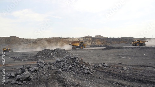 Heavy Machinery is Actively Operating in a Large Open Pit Mining Site Environment. Stock Clip