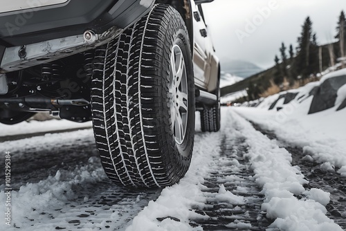 Closeup of a Tire on a Pickup Truck Driving on a Snowy Road