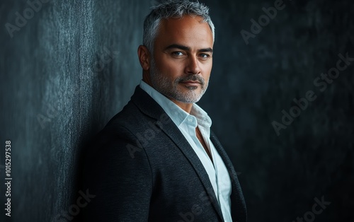 A stylishly dressed man poses confidently against a dark, textured wall, showcasing his charisma and elegance in a professional setting