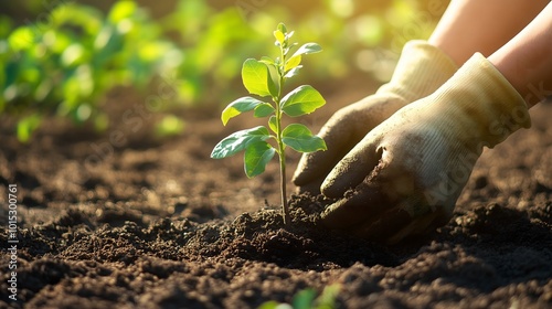 Person planting trees in community garden to promote local food production. Concept Community Garden, Tree Planting, Local Food Production, Sustainable Practices