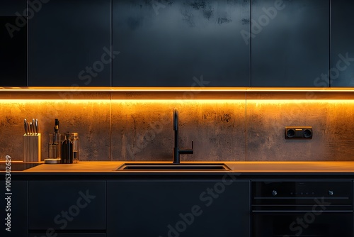 Dark moody kitchen with bold lighting