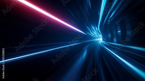 Experience the thrill of warp speed in a futuristic space tunnel, where blue and white light streaks suggest rapid movement into the unknown. The tunnel extends infinitely into the distance