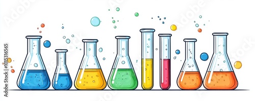 Colorful clip art of beakers and test tubes with vibrant liquid and floating bubbles illustrating chemistry and science concepts