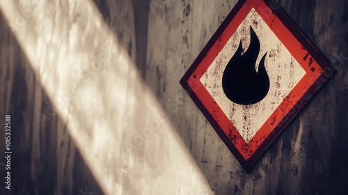 Urgent Warning: Flammable Materials - Close-up of a red diamond warning sign with a black flame icon, isolated against a blurred industrial background.