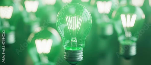 A collection of glowing green light bulbs showcasing energy efficiency and innovation in modern design.