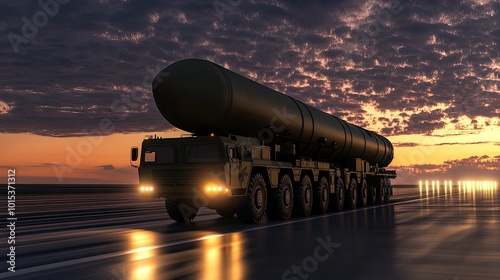 A military truck drives along a highway carrying an intercontinental missile, displaying green camouflage against a backdrop of clouds and sunlight