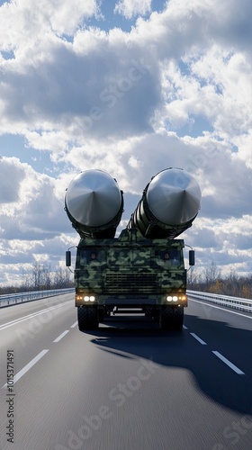 A military truck drives along a highway carrying an intercontinental missile, displaying green camouflage against a backdrop of clouds and sunlight