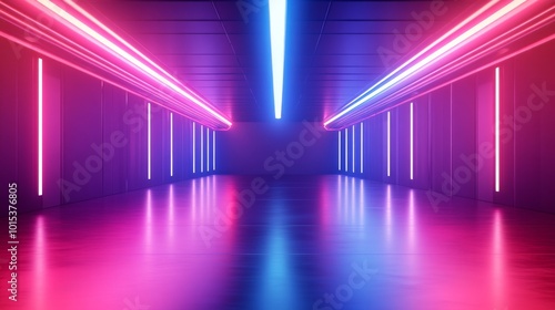 A symmetrical, high-tech tunnel features metallic walls adorned with intricate details and vibrant neon blue and purple lights, culminating in a bright white glow