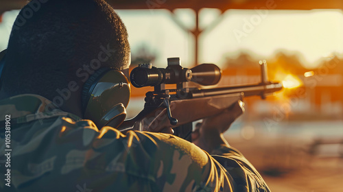 African American Man in Protective Earmuffs Shooting Target with Precision Rifle at Sunset. Concept of Focus, Outdoor Sport, Firearm Training. Copy space