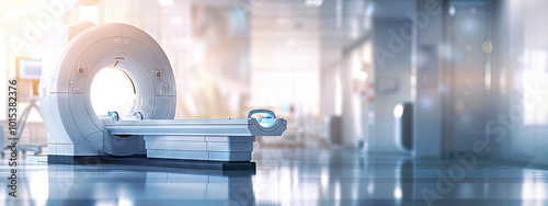 Modern CT Scanner in Bright Medical Room with Advanced Technology for Accurate Diagnoses and Healthcare Innovation. Concept of Healthcare, Diagnostic Equipment, tomography. Copy space. Banner