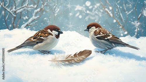 Birds perched on a mound of snow adjacent to a feather resting on a mound of snow