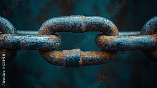 A close-up photograph of a large, weathered chain link with visible rust and texture set against a blurred, dark blue background, evoking strength and endurance.