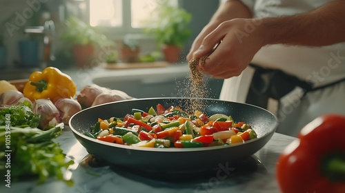 A chef adding pepper to a pan of sauted vegetables, surrounded by fresh produce on a marble countertop.