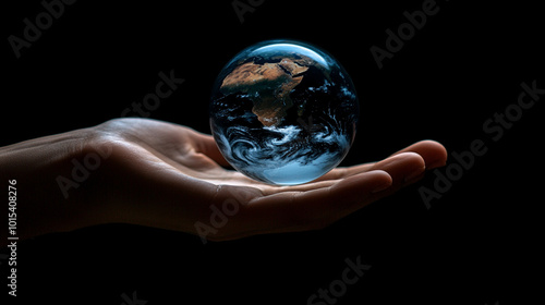 Earth floating gracefully above a hand, symbolizing humanity's responsibility to protect the planet. This visual encapsulates the delicate balance between nature and human impact