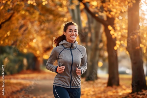 Young woman jogging in autumn park. Wears gray jacket, blue pants, smiling running. Park around displays vibrant autumn colors with orange, yellow leaves. Woman path leads viewer eye towards right