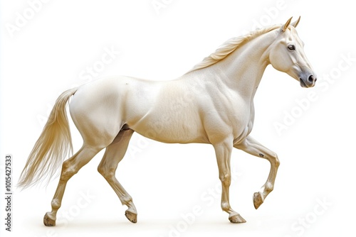 Majestic white horse trotting gracefully against a plain white background in a calm and serene setting during daylight hours