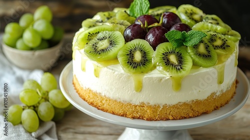  A white cake stand holds a cake decorated with kiwis, grapes, and mints