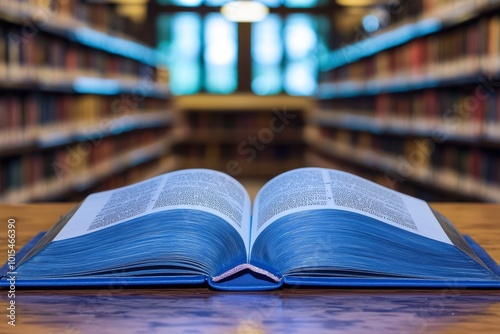 Deep blue open book on a library table showcasing limitless potential with empty pages in an inviting scholarly environment filled with knowledge