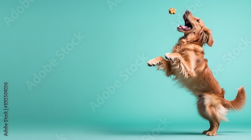 A golden retriever joyfully jumps, mouth wide open, catching a dog treat in mid-air, with its golden fur contrasting against a soft blue backdrop