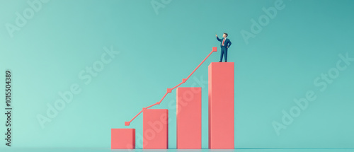 Tiny businessman on a giant 3D line graph with buildings in the background, miniature businessman urban growth, symbolizing business expansion