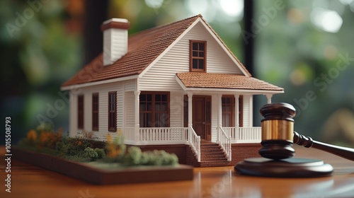 Model house and court gavel representing real estate legal issues