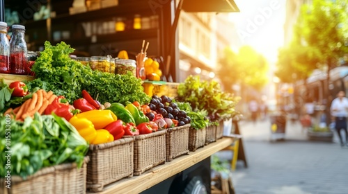 Fresh produce on a vibrant street market stall at sunset.