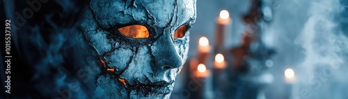 Eerie mask with glowing eyes and cracked surface, set against a dimly lit backdrop with candles, creating a haunting atmosphere.