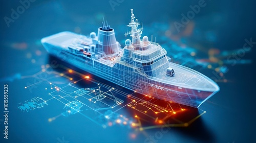 A digital rendering of a naval ship with technical overlays illustrating its design.