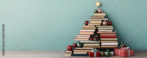 Creative Christmas tree made of books, adorned with ornaments and gifts, perfect for holiday decoration and book lovers.