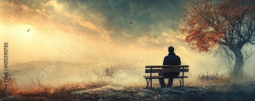 A serene landscape featuring a solitary figure on a bench, gazing at a beautiful sunset over a tranquil horizon.